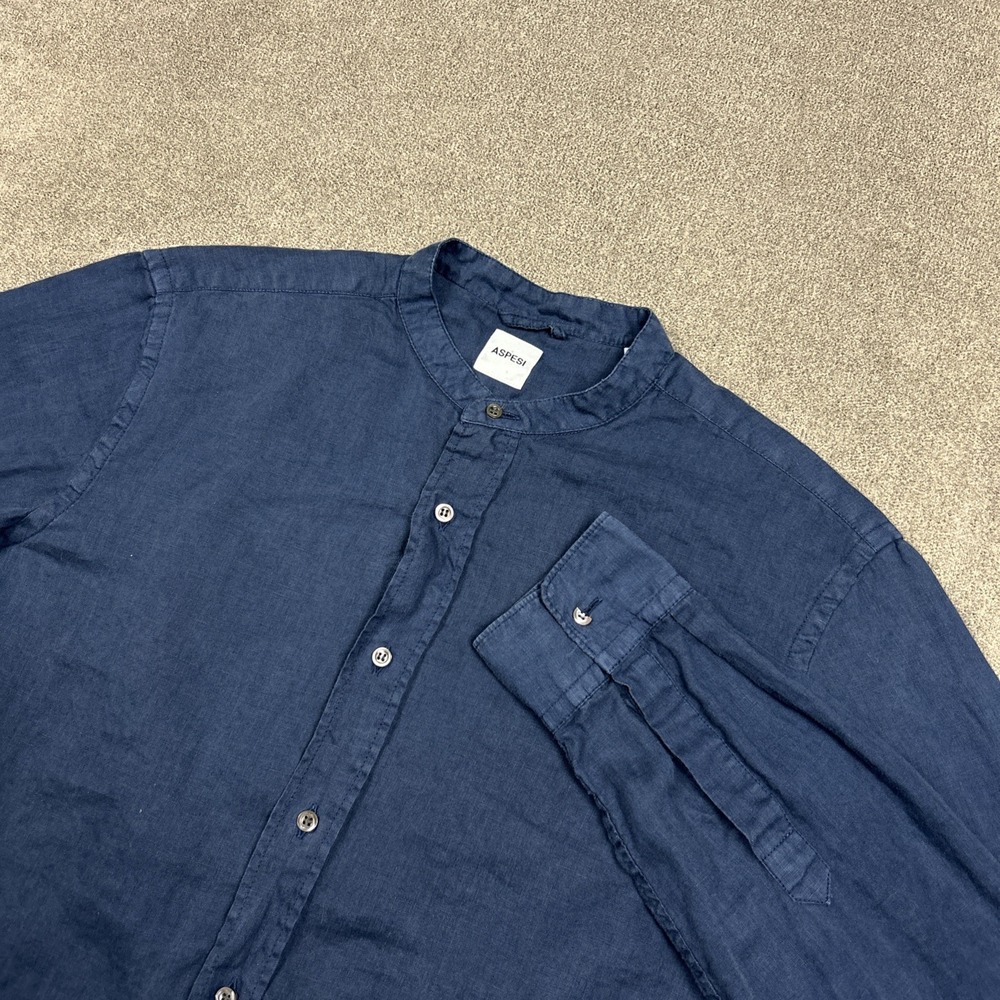 Aspesi Long Sleeve Band Collar 100% Linen Blue Button Shirt Mens M 40 / 15.75